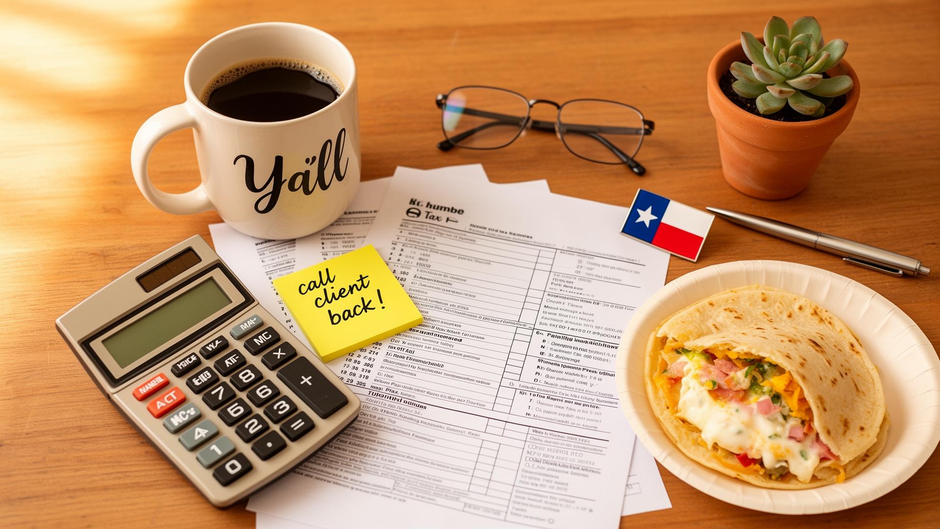 Heather's desk: coffee, calculator, sticky notes, a Texas flag pin, and a half-eaten breakfast taco